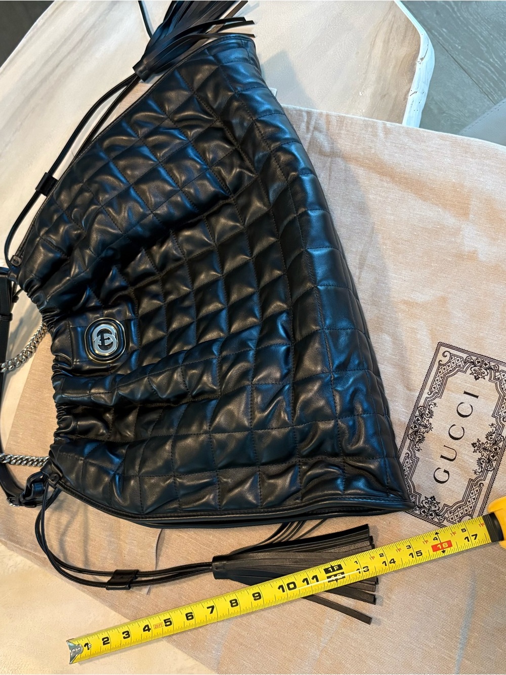 Gucci Black Quilted Leather Drawstring Shoulder Bag with tassels - Picture 12 of 13